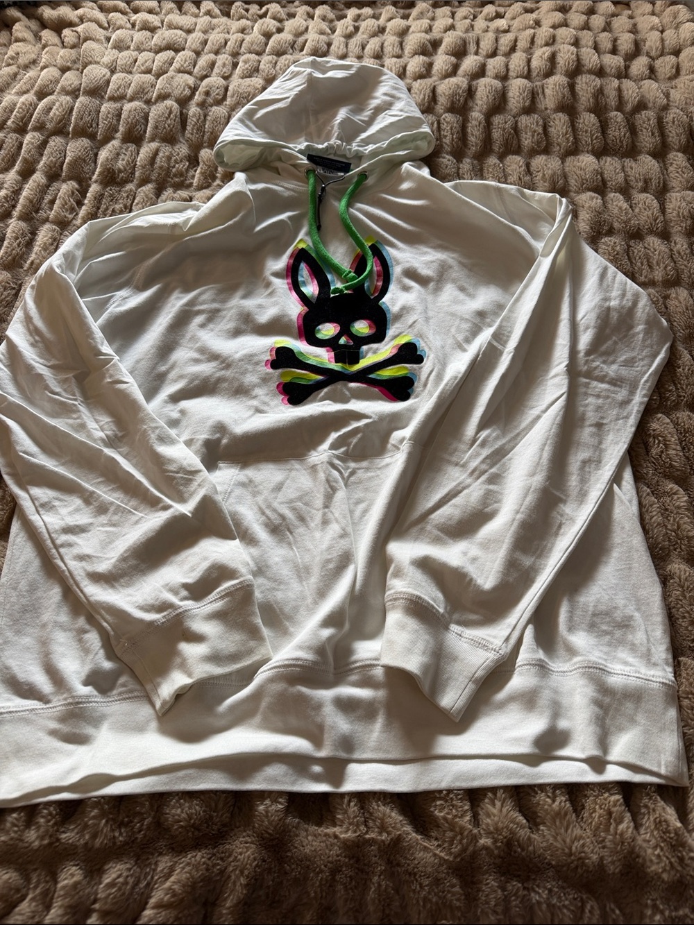 NWT Psycho Bunny White Hoodie with Neon Bunny Skull Graphic